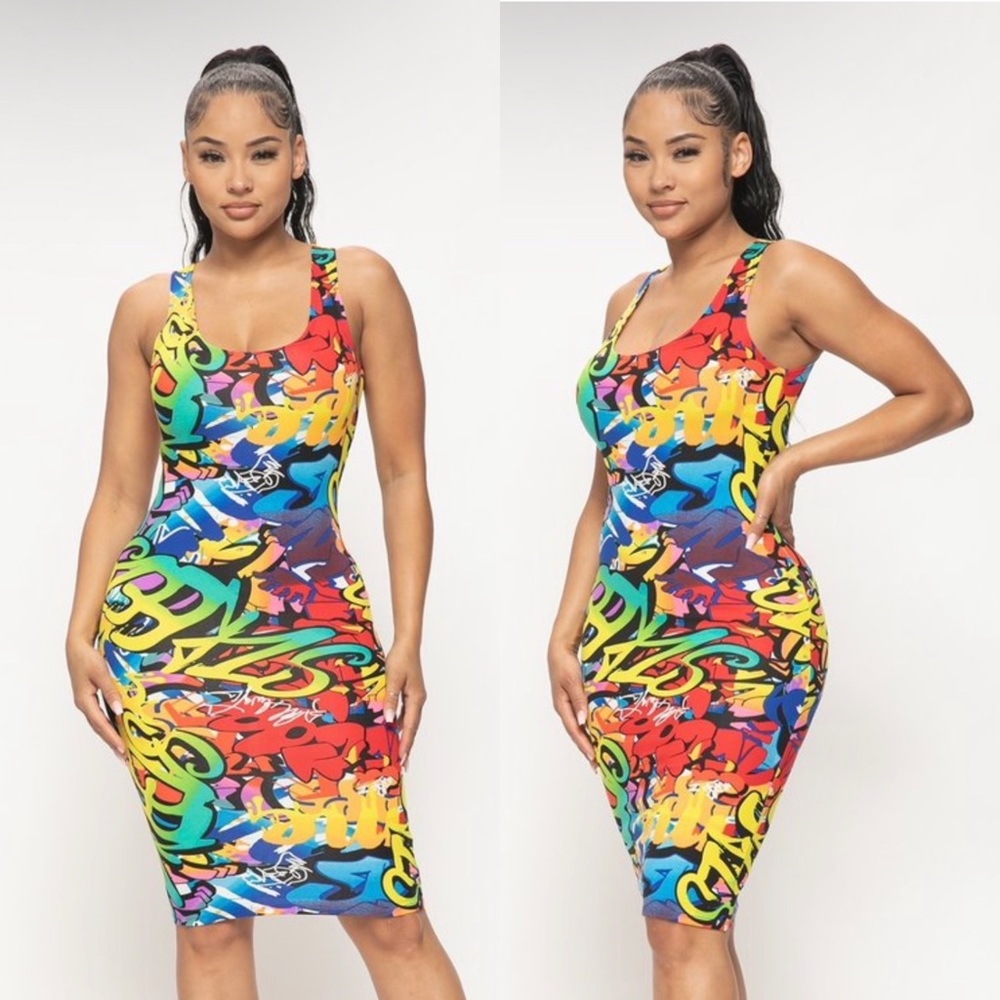NEW TRENDY MULTI COLOR GRAFFITI TANK TOP BODYCON MIDI DRESS - Picture 8 of 14